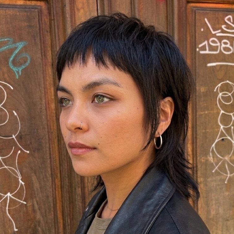 Person showing dark cropped fringe shag haircut against a graffiti-marked wooden door