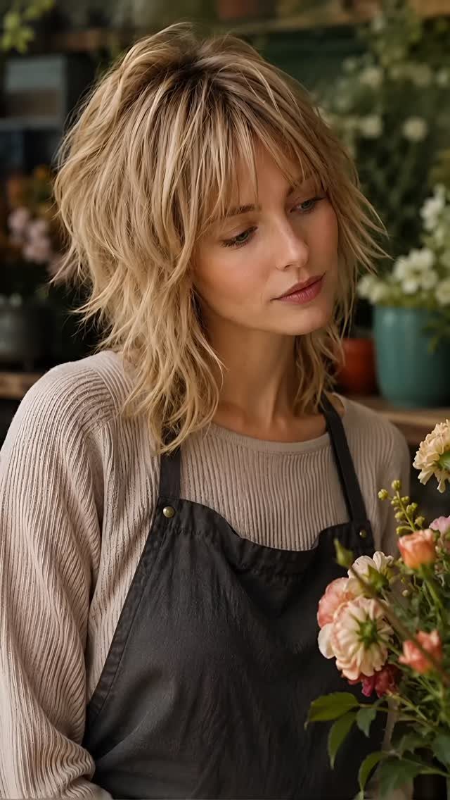 Woman with feathered blonde shag layers and wispy bangs among flowers