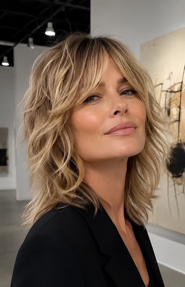 Woman with a blonde shaggy bob, layered waves, and parted curtain bangs