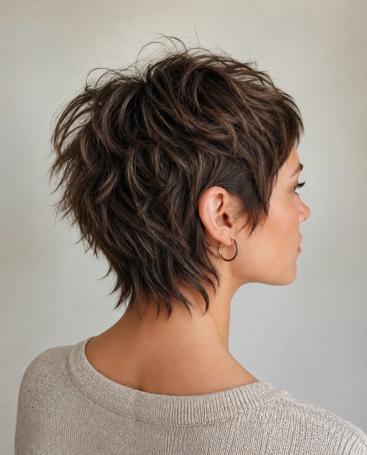 Short dark brown crop with tousled layers and choppy textured tips