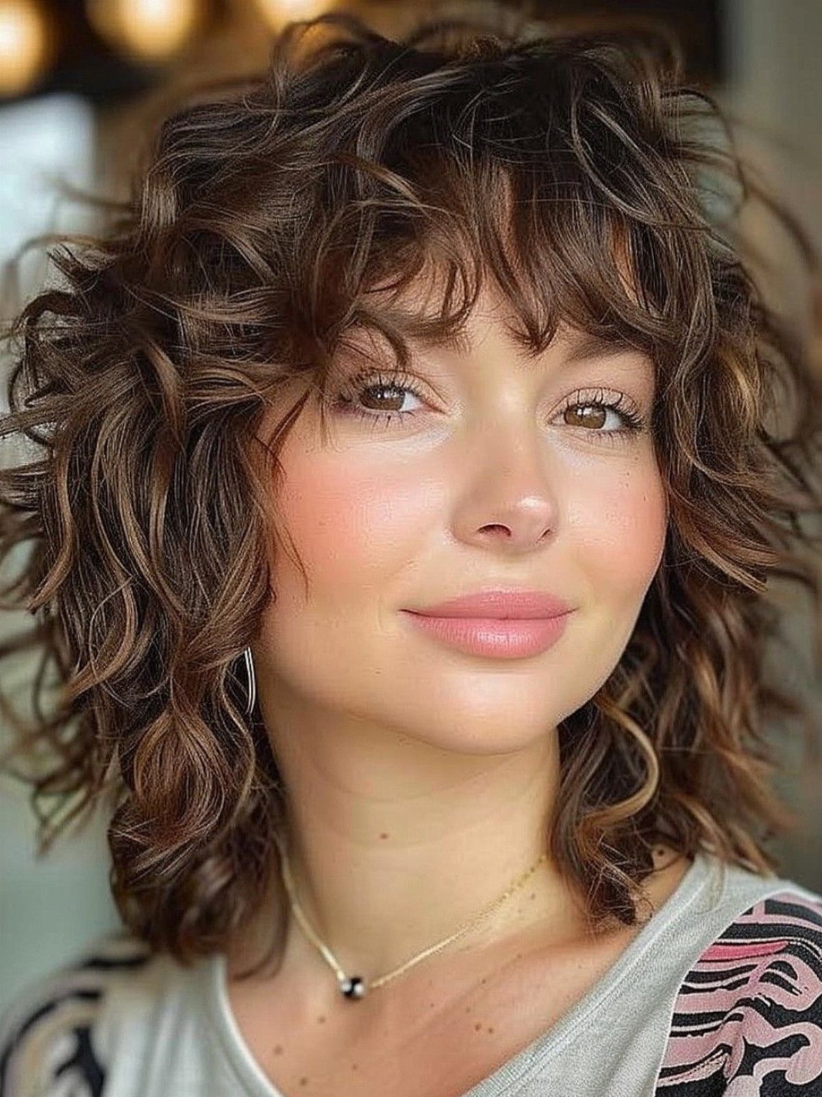 Woman with short shag haircut featuring natural brown waves and wispy bangs