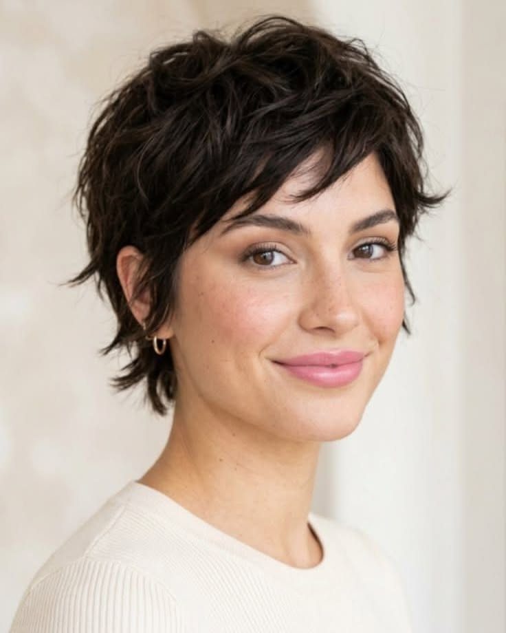 Woman showing a short dark shag with airy layers and wispy side-swept bangs