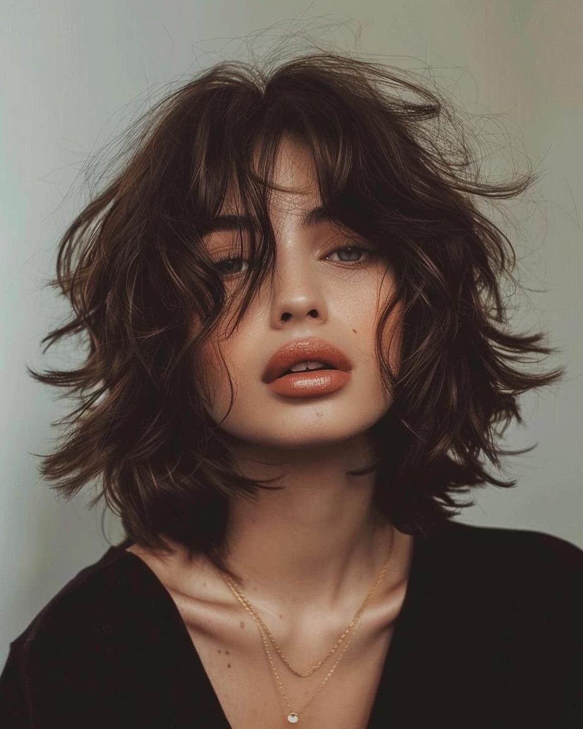 Woman with a chin-length dark bob, loose waves, and layered bangs