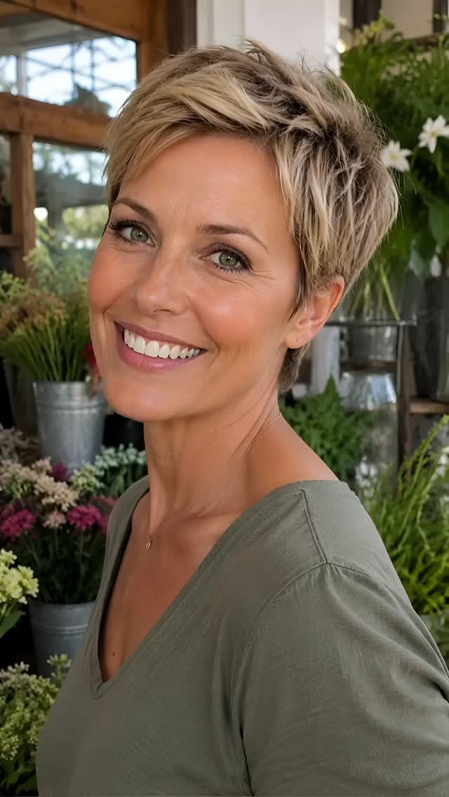 Short blonde pixie haircut with tousled layers and swept bangs on a smiling woman