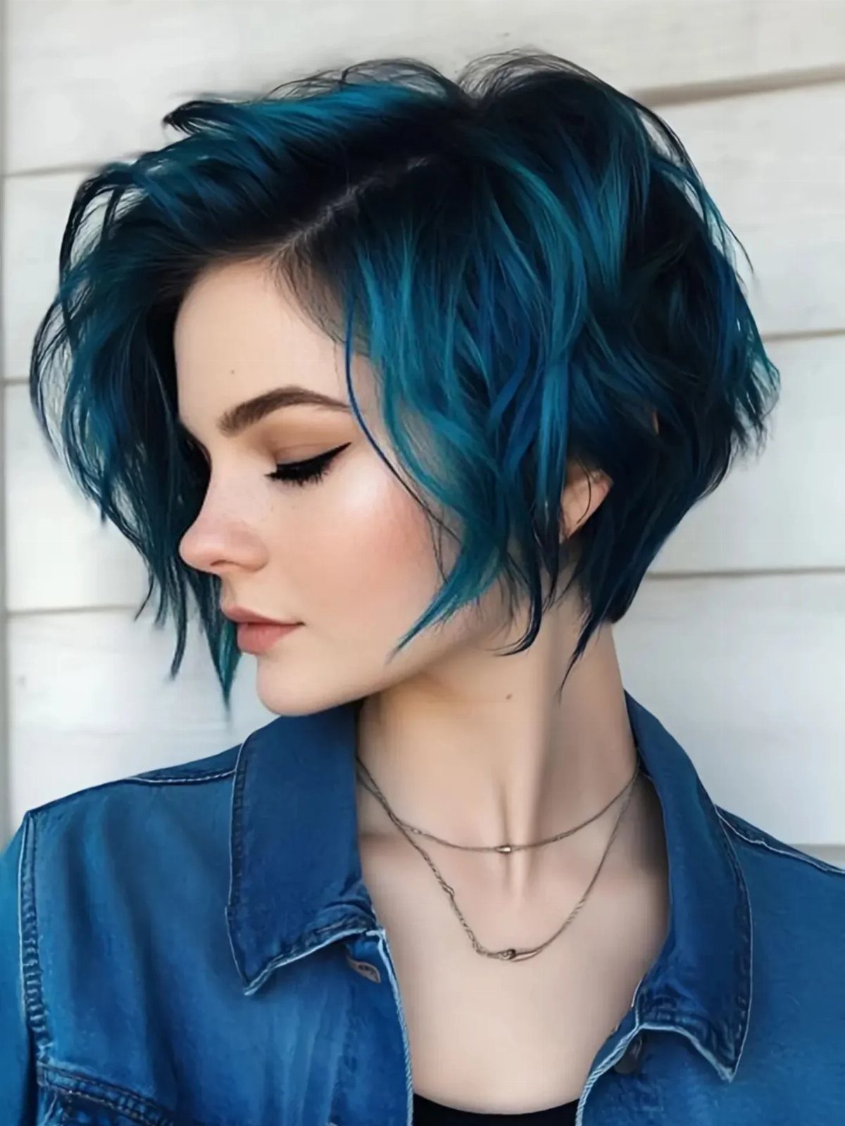 Woman with tousled deep blue textured pixie haircut and denim jacket