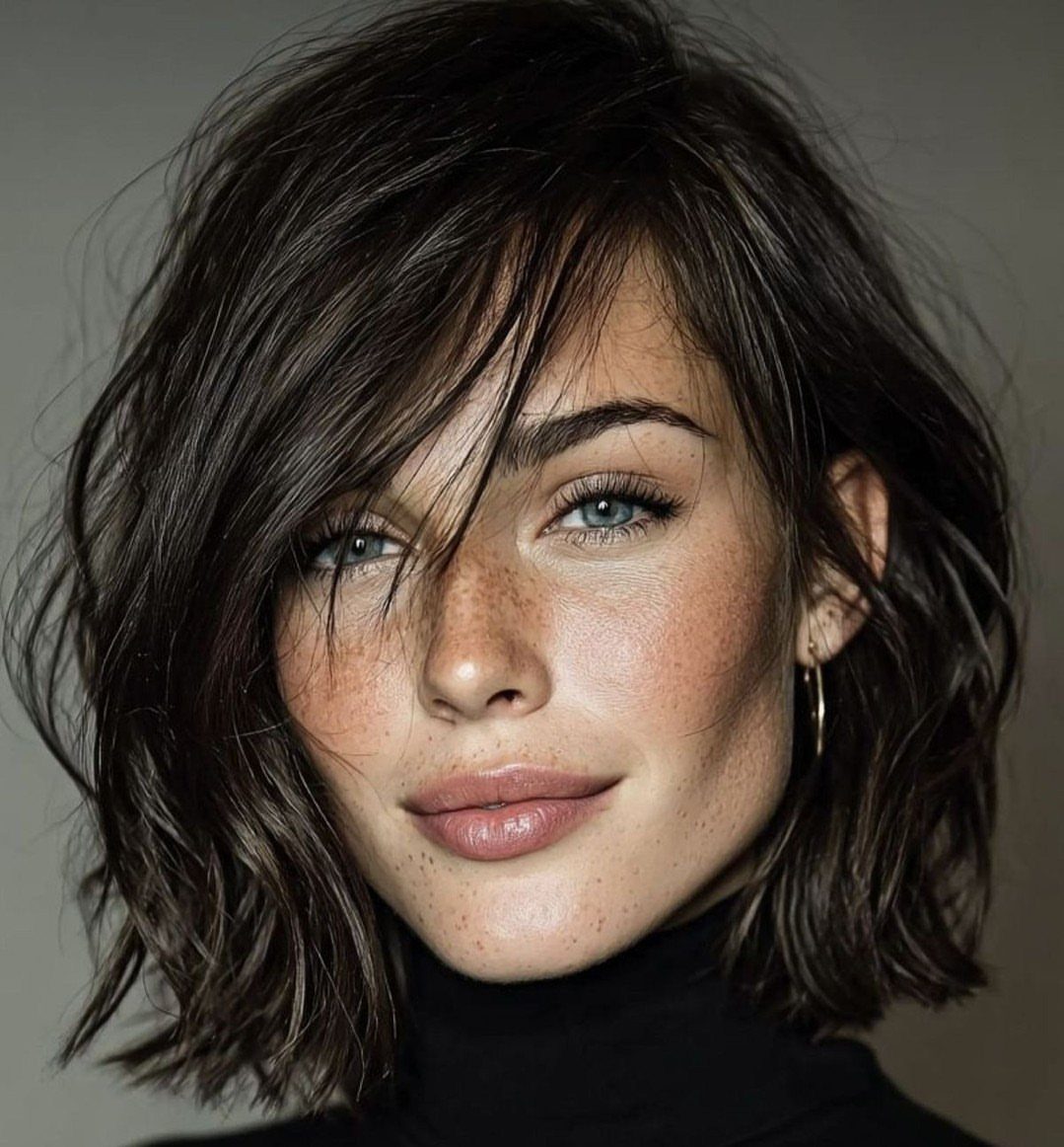 Woman with tousled, layered chin-length dark hair and long side-swept fringe