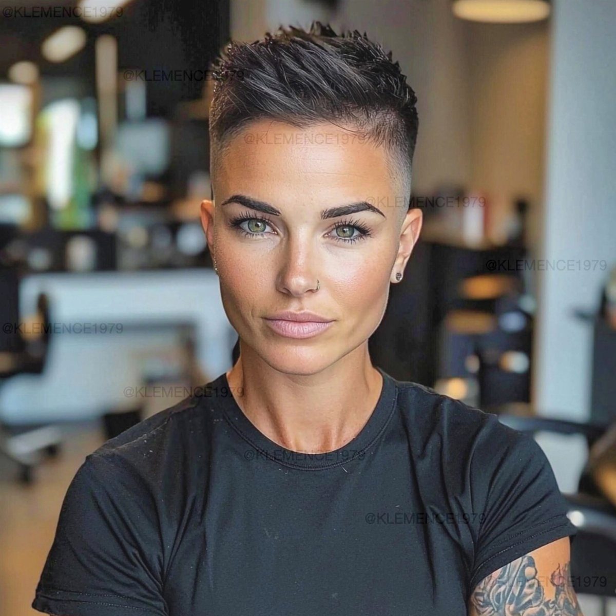 Person with dark spiked short hair and faded sides in a salon