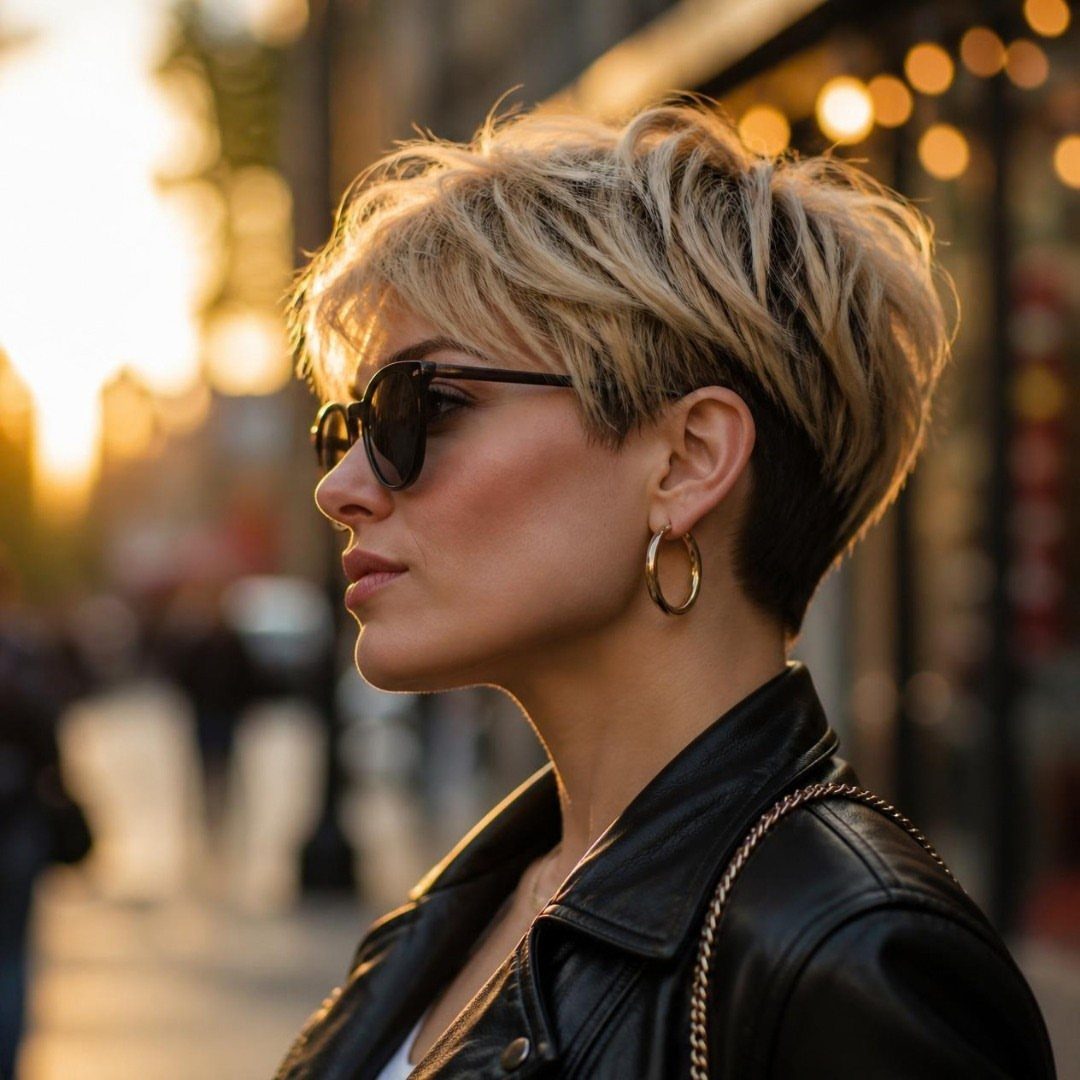 Woman with tousled blonde pixie cut and uneven layers, glasses, and leather jacket