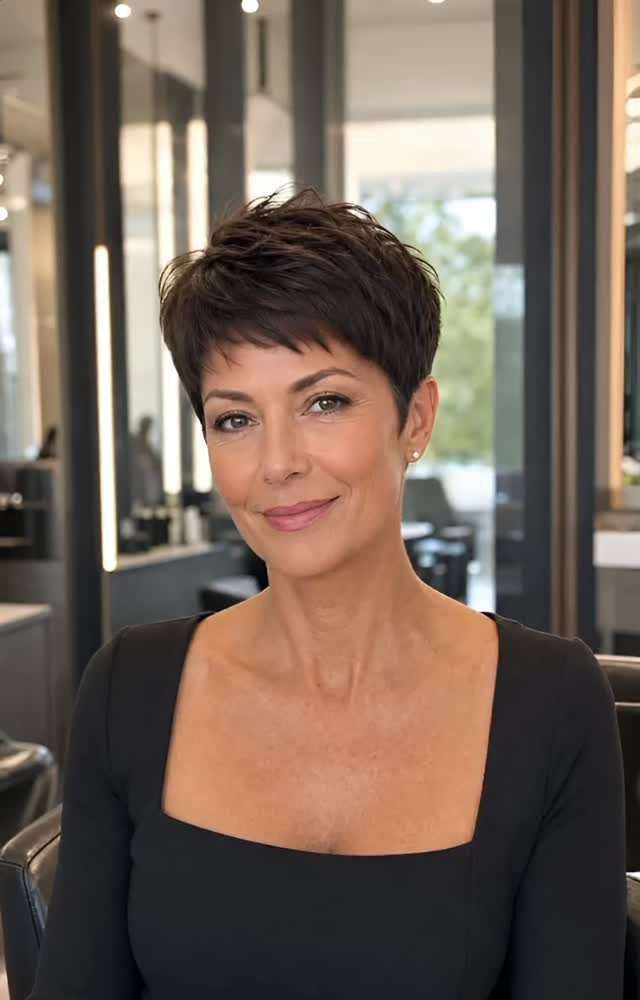 Woman with a short dark pixie haircut featuring volume at the crown