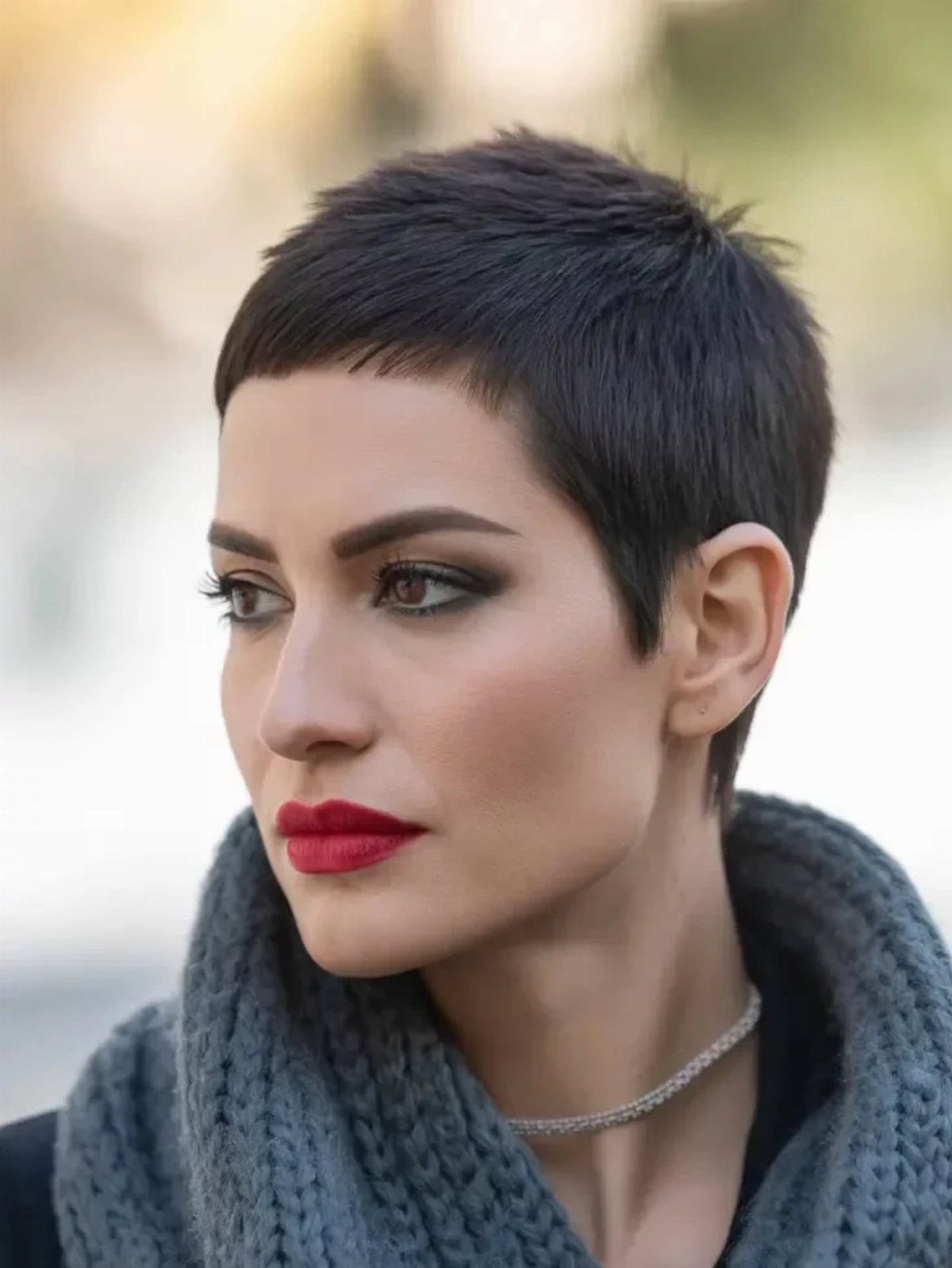Woman with an extra-short dark pixie cut and textured crown