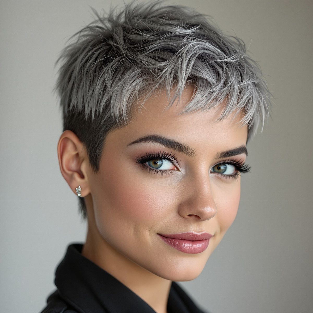 Woman with a textured silver-gray pixie cut and dark roots