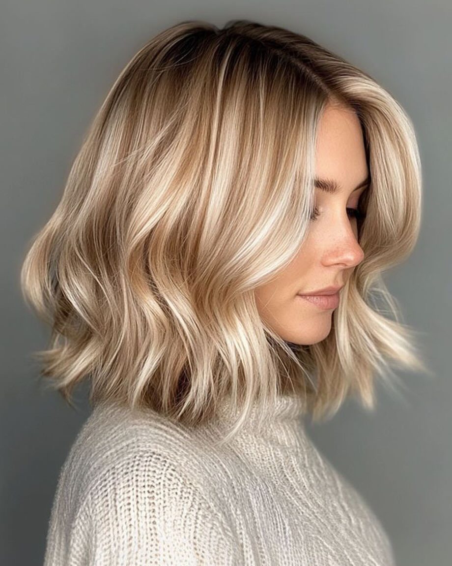 Woman with a softly layered blonde lob and tousled waves