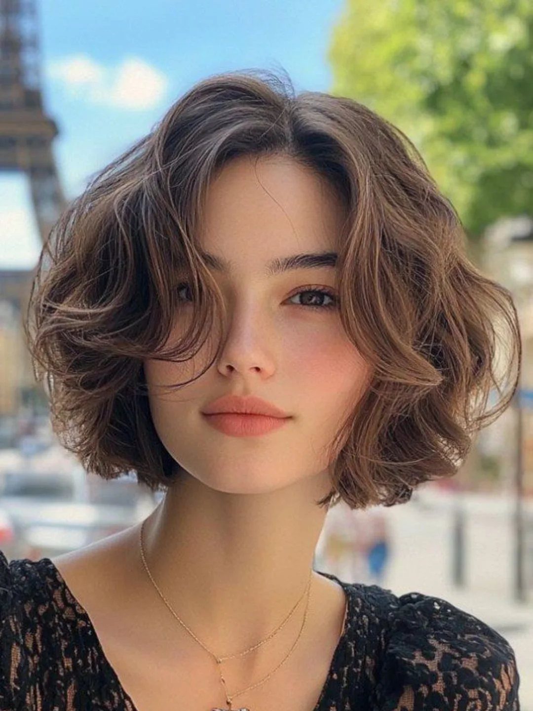 Woman with a softly curled jaw-length bob and loose bangs