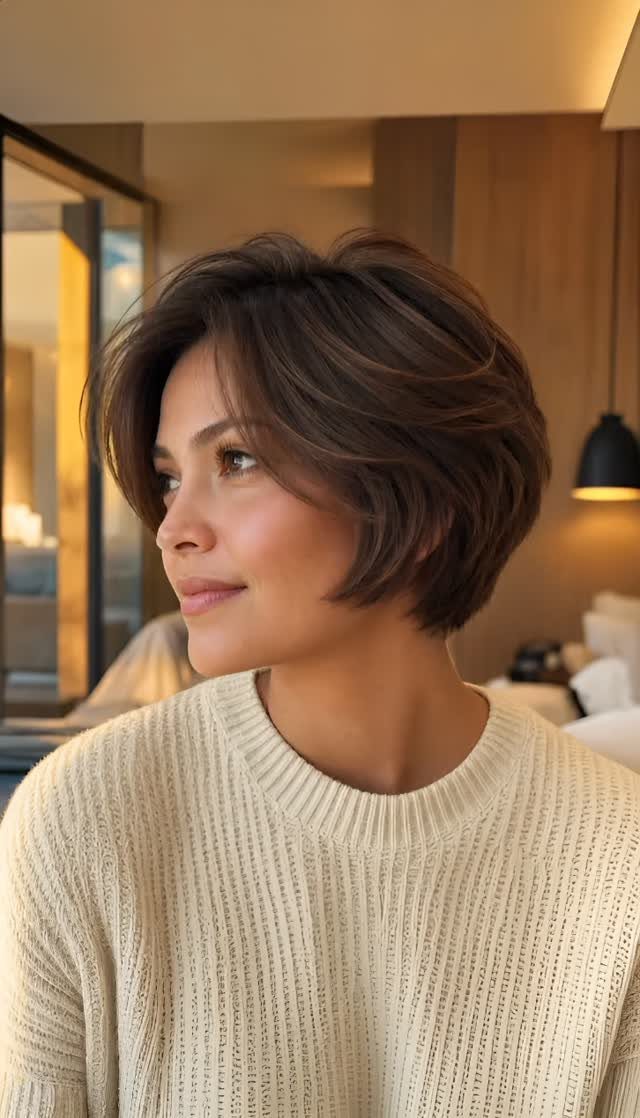 Woman with a short layered brown bob and feathered side-swept bangs