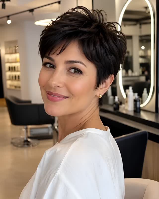 Woman with tousled dark pixie cut and side-swept bangs in a salon