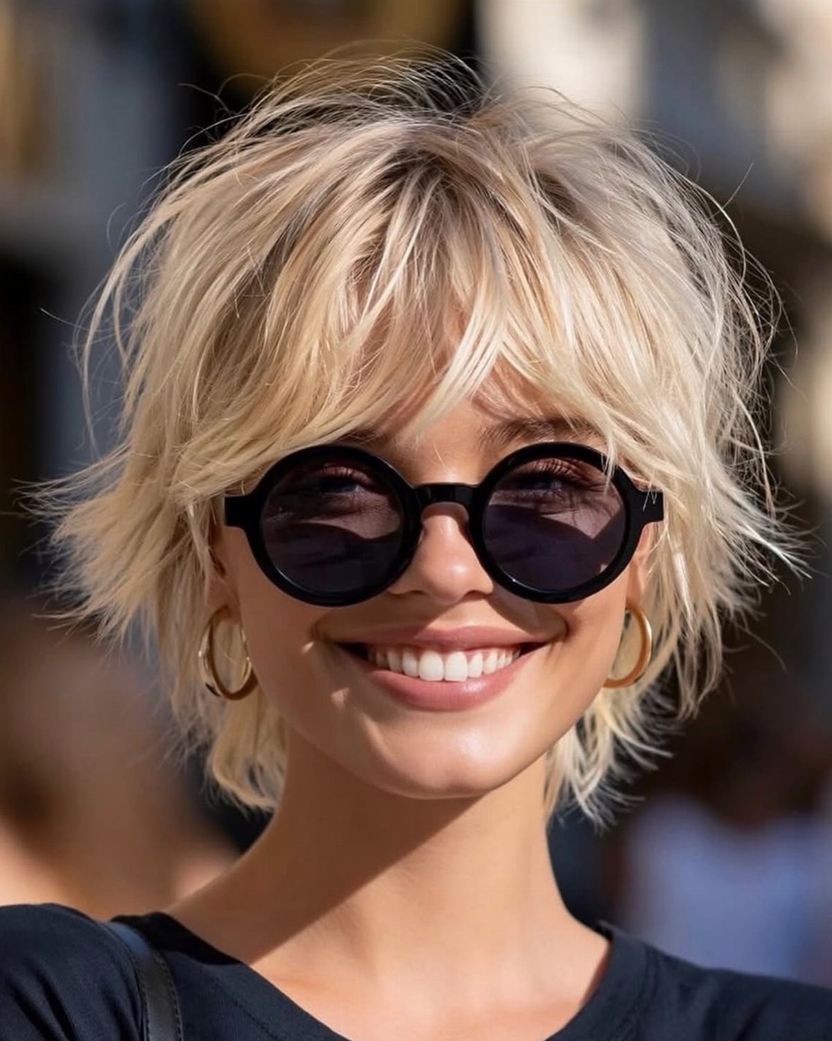 Woman with tousled blonde short layers, wispy bangs, and round sunglasses