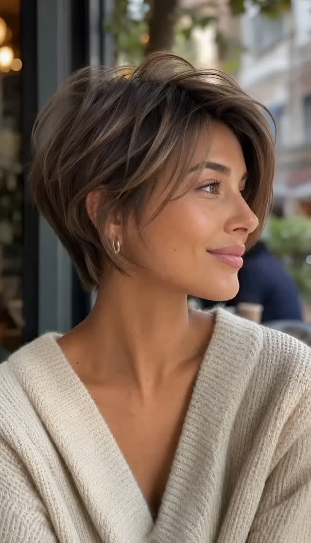 Woman showing a wispy feathered brown pixie-bob haircut in side profile