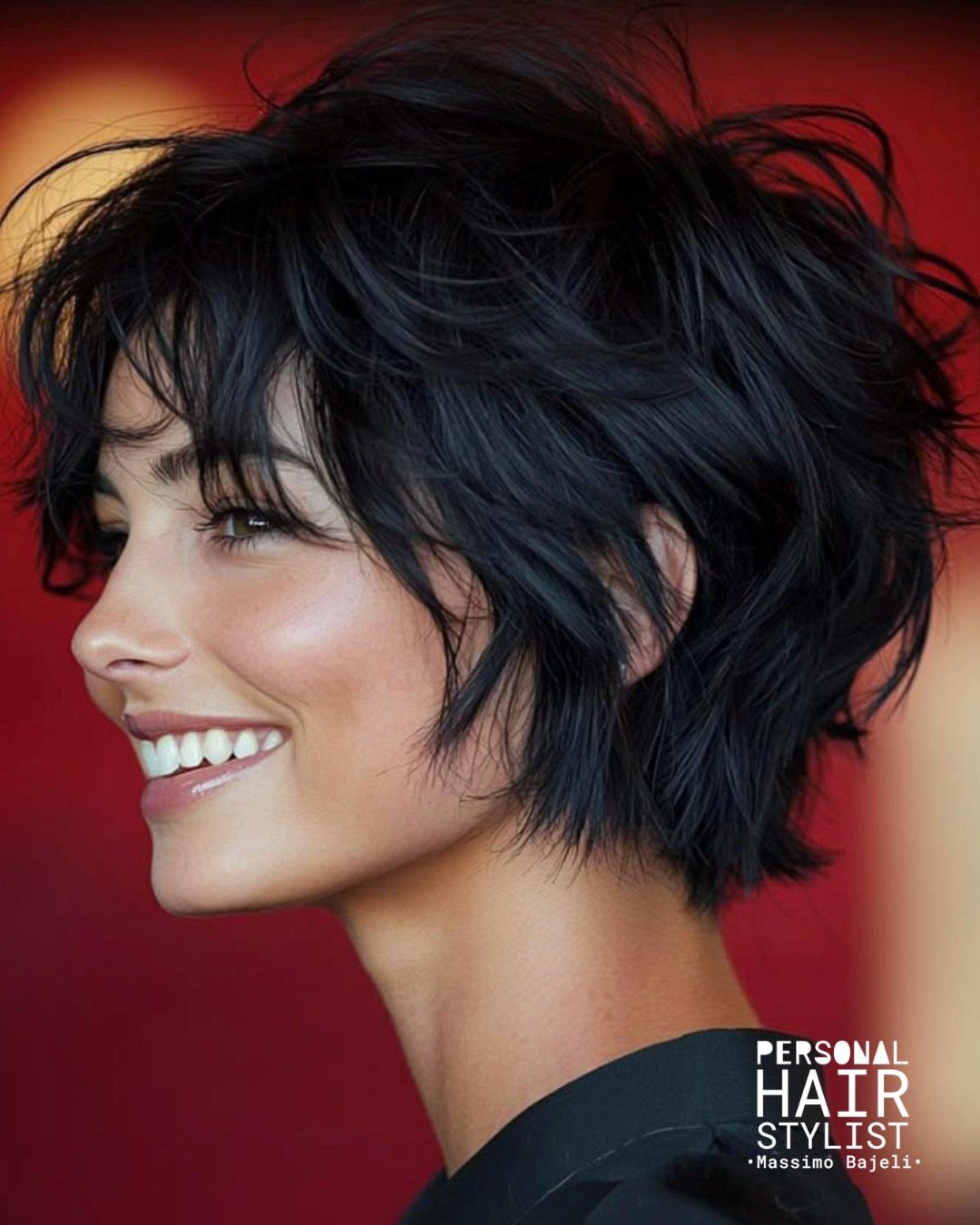 Woman with tousled black pixie shag, wispy bangs, and messy layered pieces