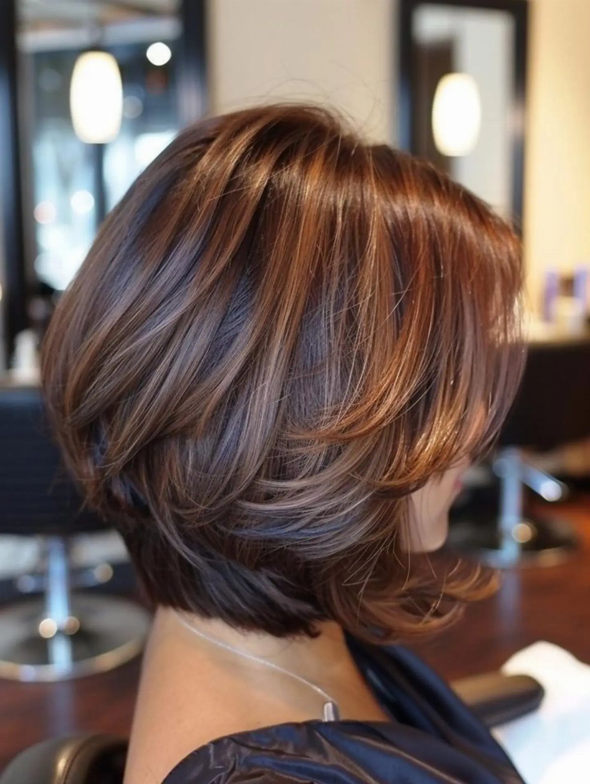 Woman showing a thick, highlighted graduated bob with rounded layers in a salon
