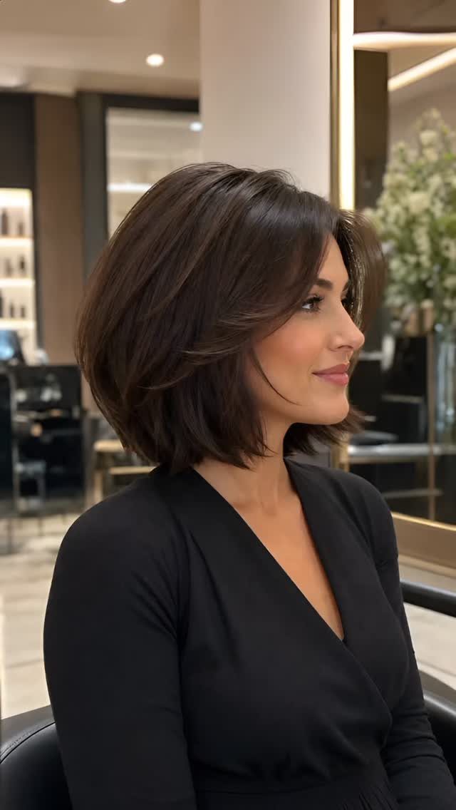 Woman showing a dark brown jaw-length bob with long swoopy bangs