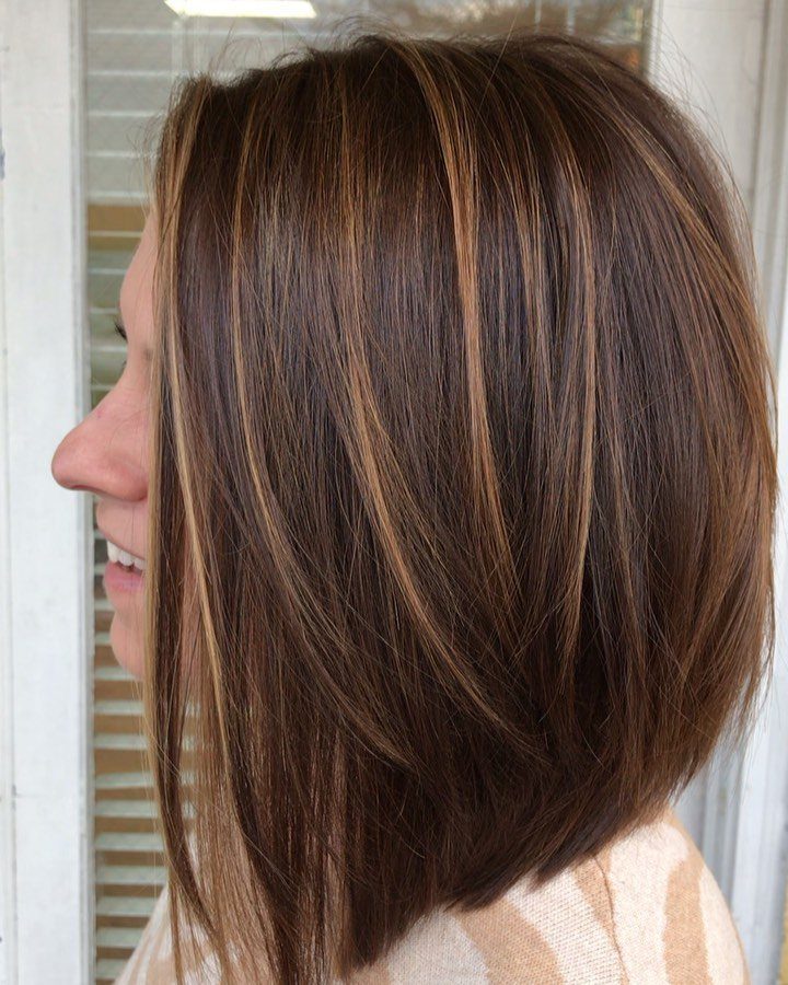Angled dark brown bob with fine highlights and longer front pieces