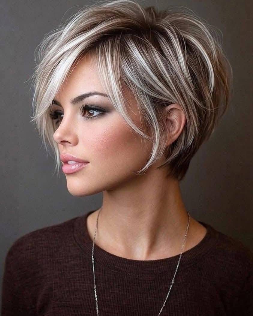 Woman with a sleek blonde pixie bob and long side-swept bangs