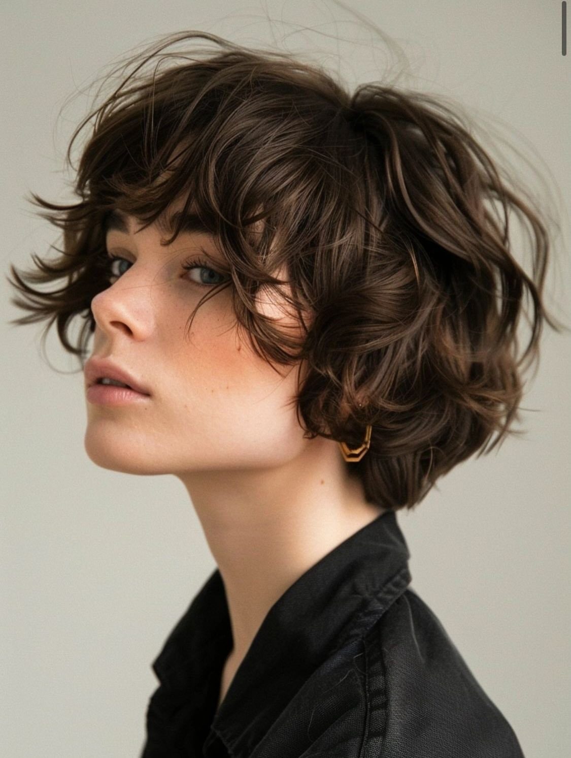 Person wearing a soft messy dark brown pixie bob with tousled layered texture