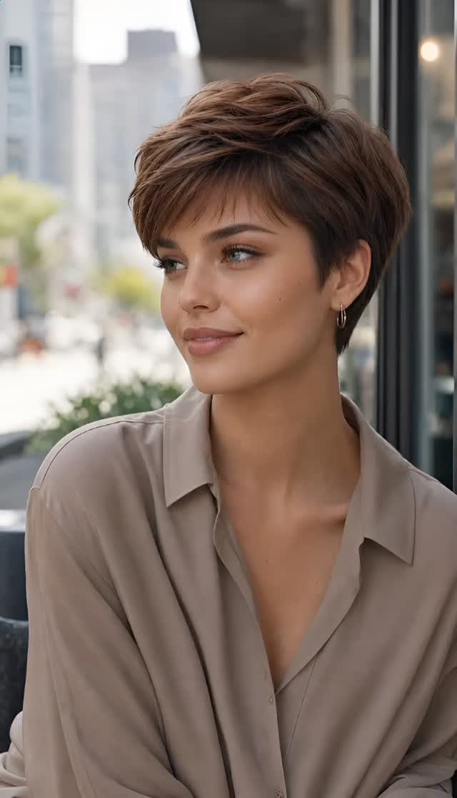 Woman showing a short brown pixie cut with textured, swept hair on top