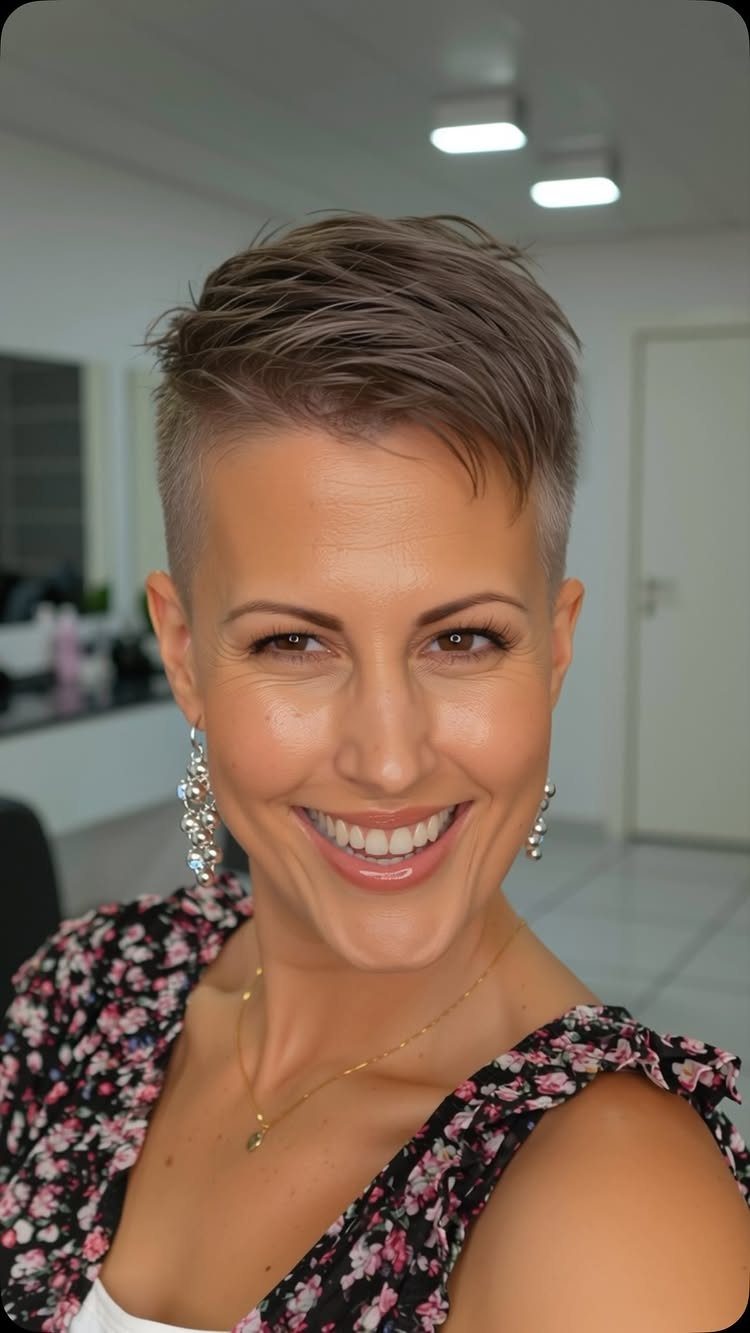 Woman with a short brown pixie cut swept into a side part