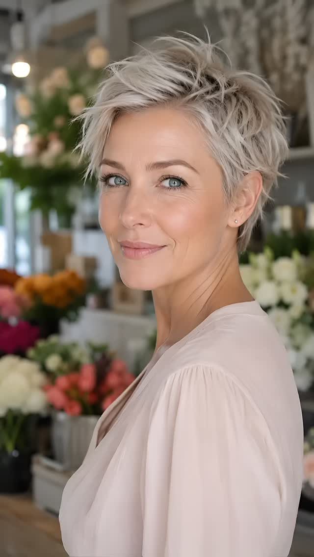 Woman with a tousled, layered silver-blonde pixie haircut in a flower shop
