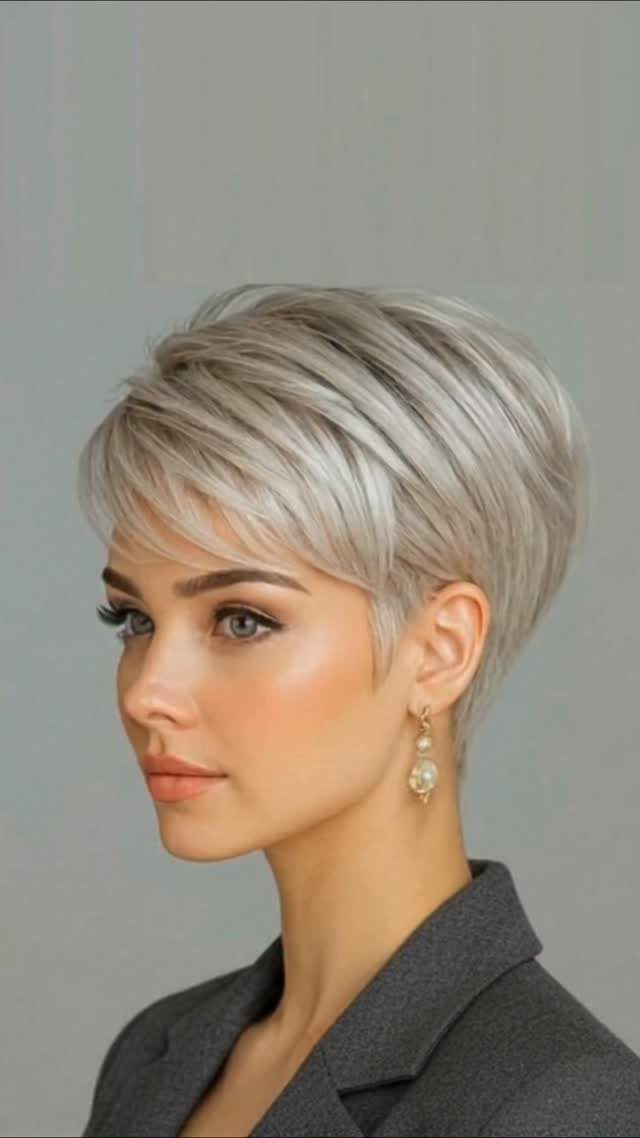 Woman with a voluminous platinum pixie cut swept across her forehead