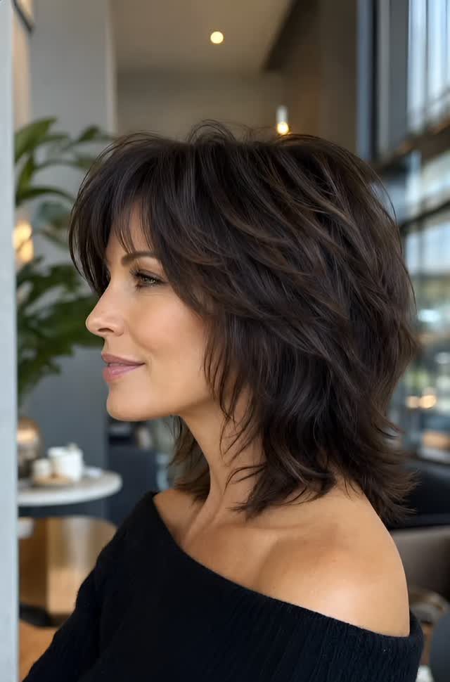 Woman with a short dark shag haircut, wispy bangs, and feathered layers