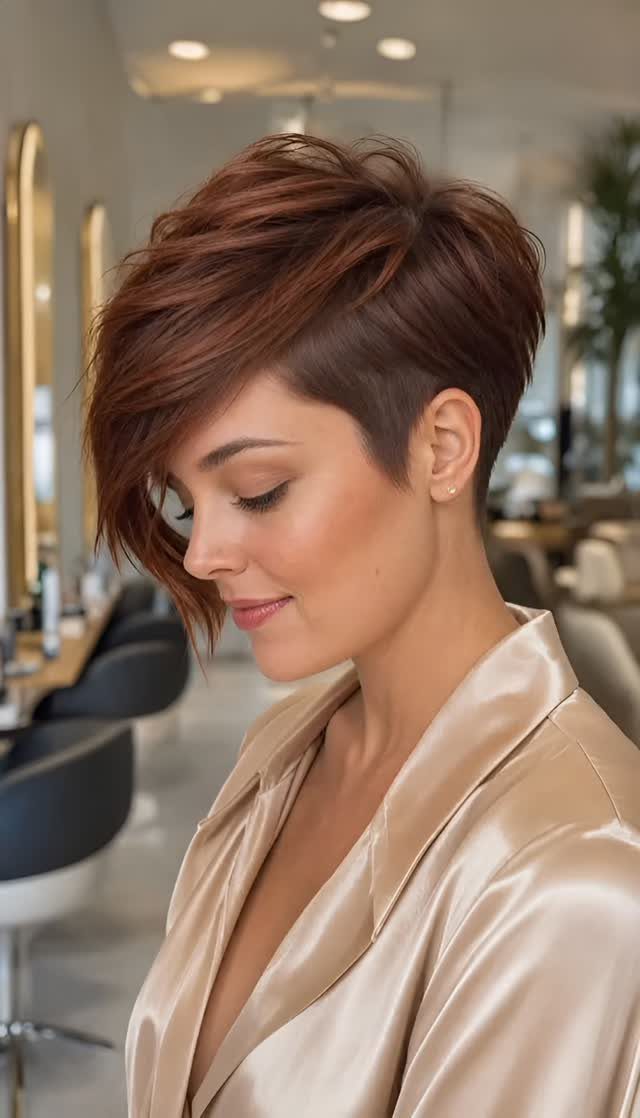 Woman showing a choppy auburn pixie shag with long side-swept fringe