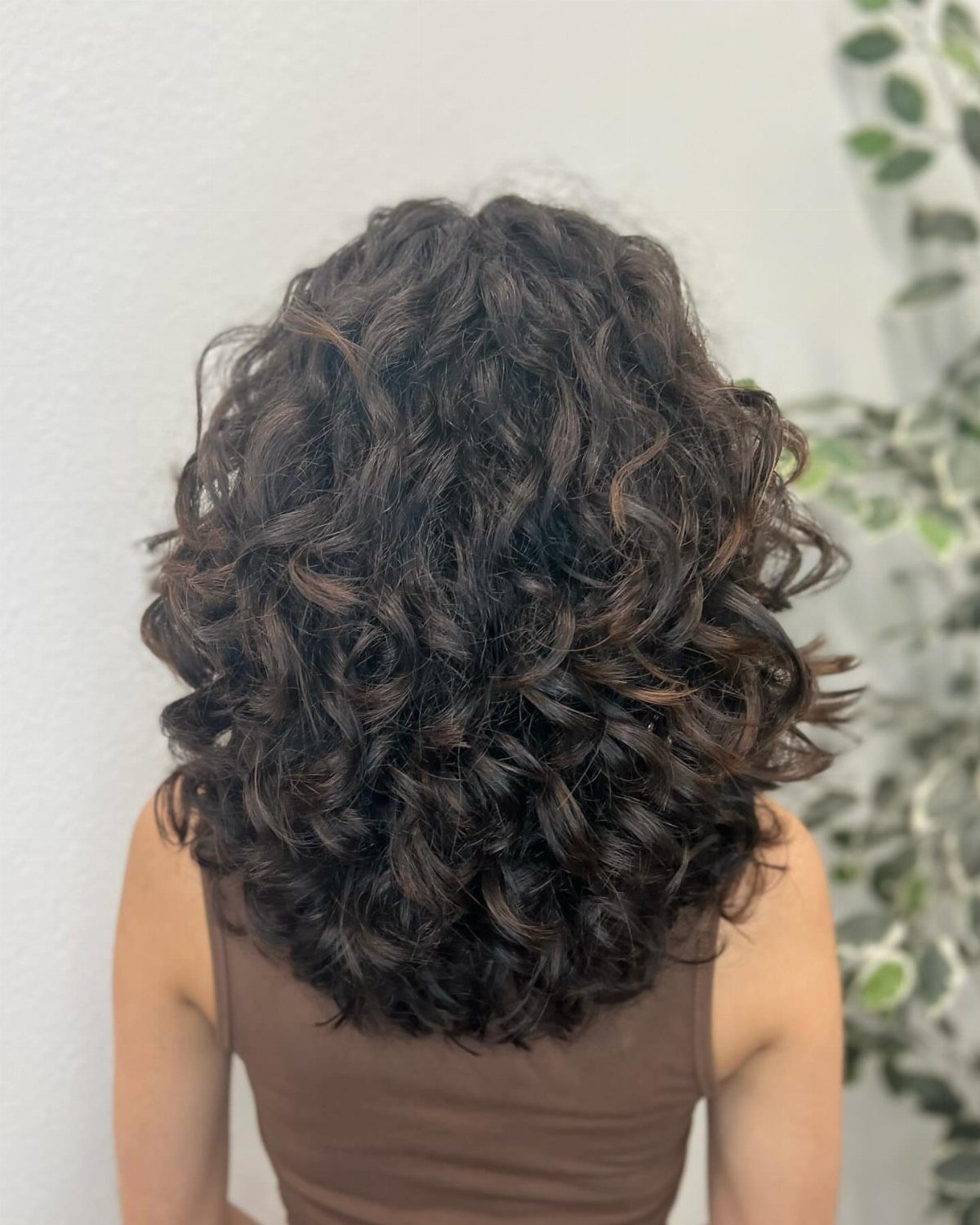 Shoulder-length dark curls form a rounded, layered shape at the nape