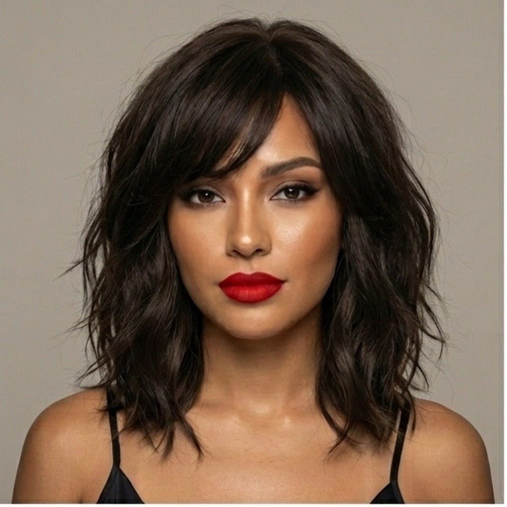 Woman with shoulder-length dark layered hair and a side-swept fringe