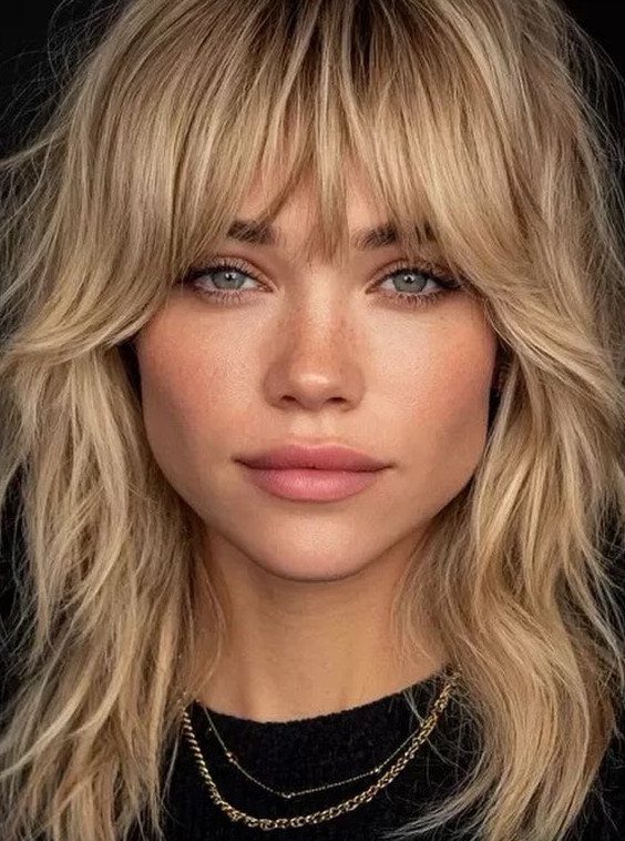 Woman with a blonde shoulder-length shag and short choppy fringe