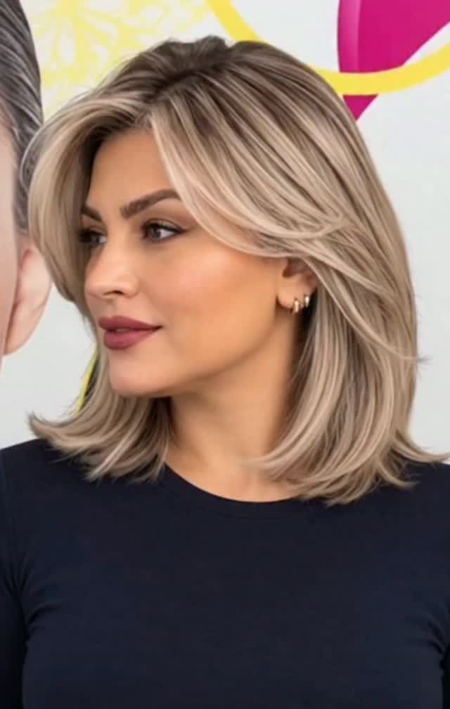 Woman with a layered blonde shoulder-length haircut and feathered ends