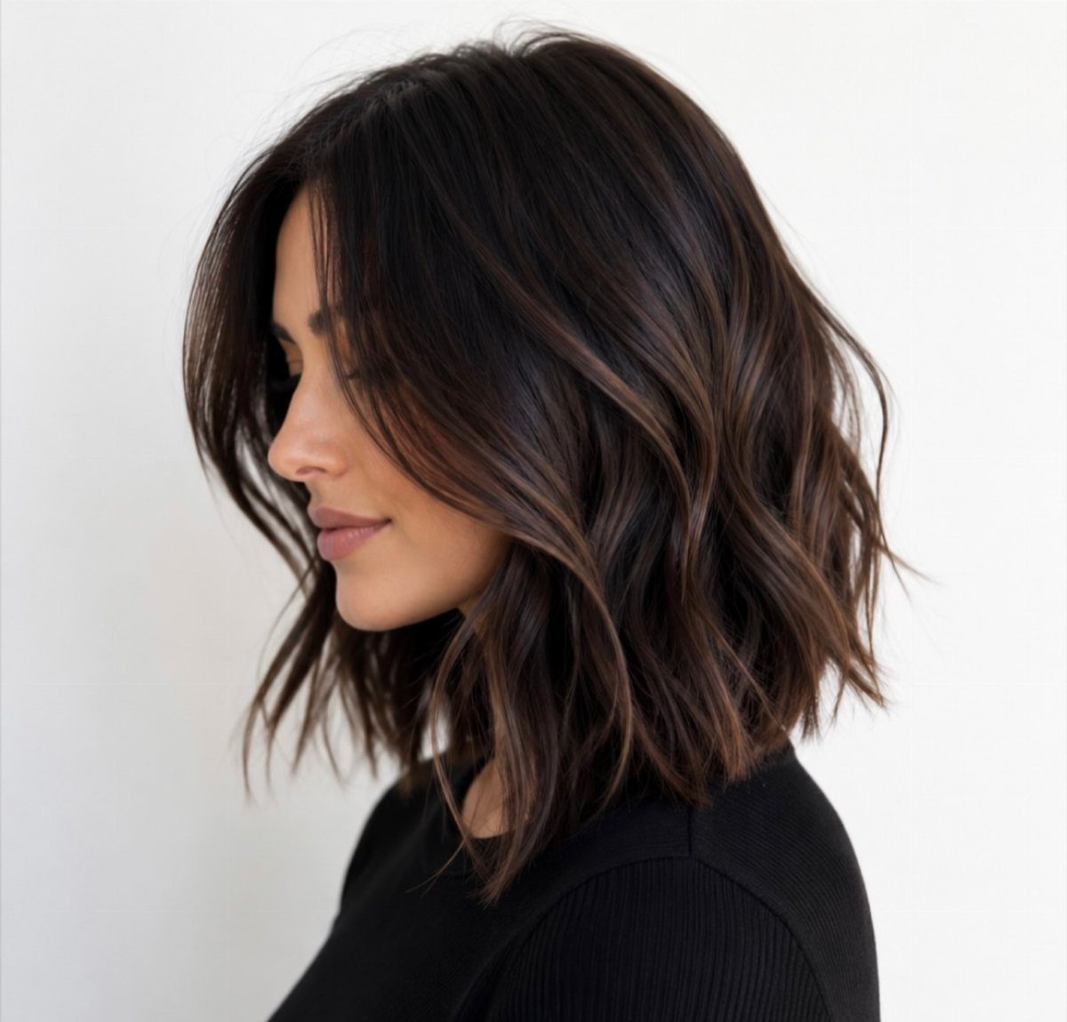 Woman with a tousled, layered dark brown lob in loose waves