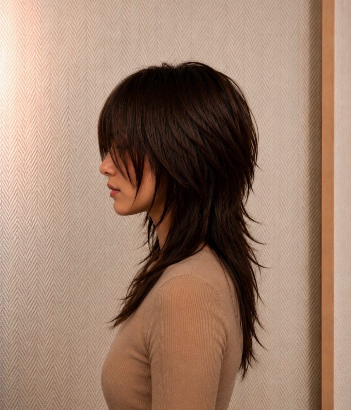Dark wolf cut with short crown layers and long feathered pieces at the back