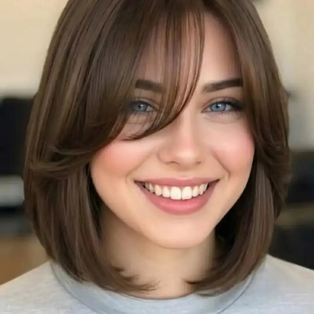 Woman smiling with a tousled brown bob and long side-swept bangs
