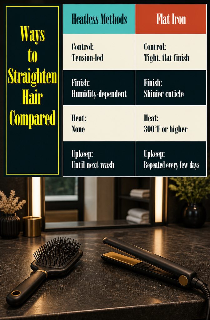 Hair straightening comparison graphic with several styling methods
