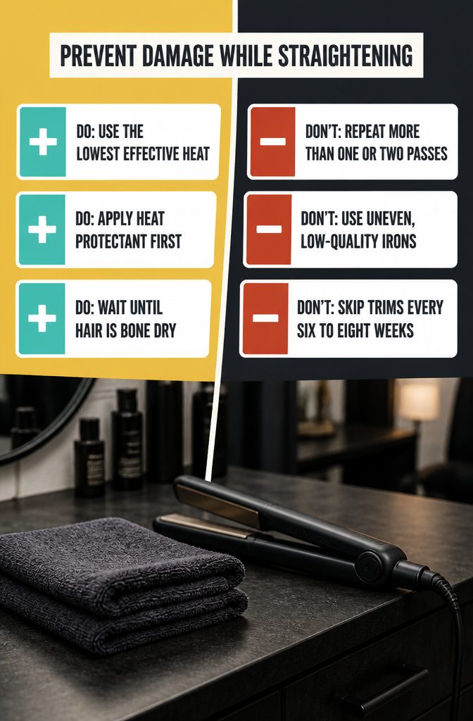 Hair styling graphic with damage prevention tips for using heat