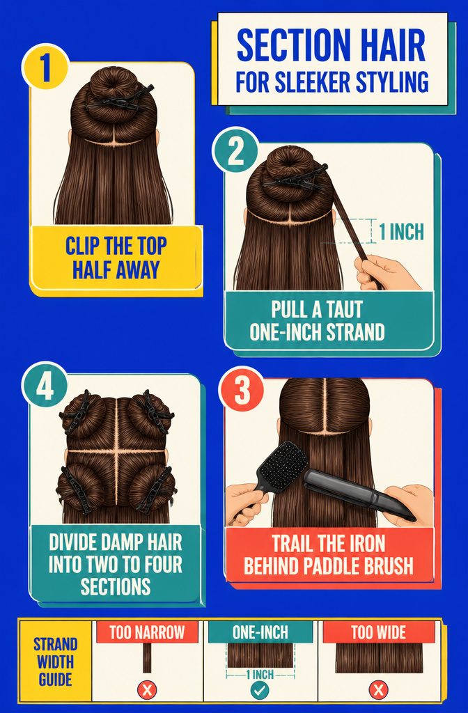 Hair styling graphic showing clipped sections prepared for straightening