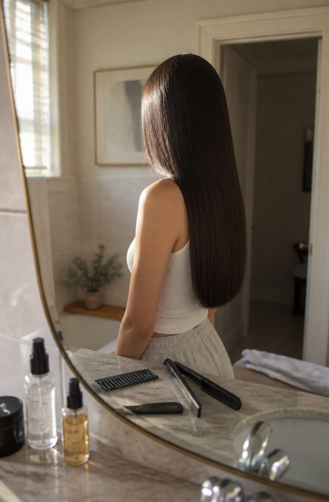 Straight hair with a side part and fine strands reflecting a light sheen