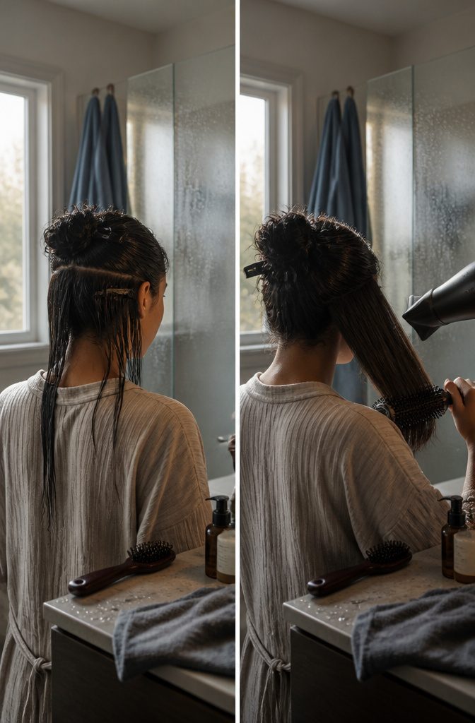Long straight hair with a smooth finish and a clean side part
