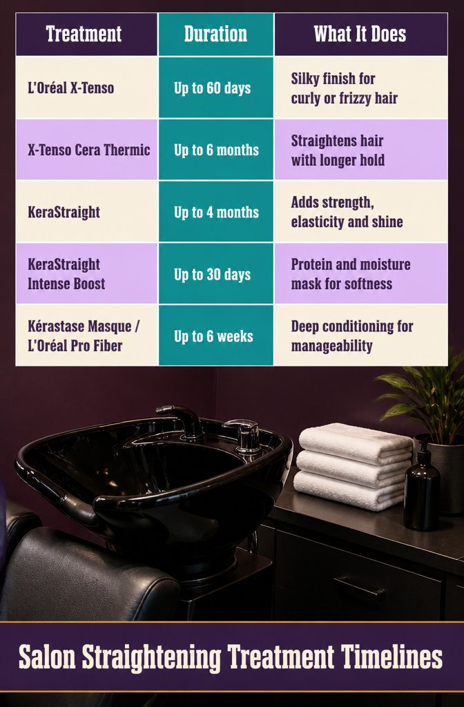 Salon hair treatment timeline graphic with treatment names and durations