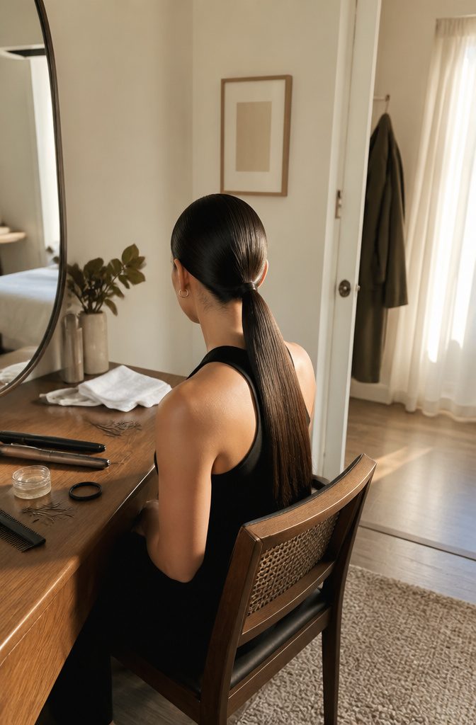 Sleek straight hair brushed back from the face with smooth lengths