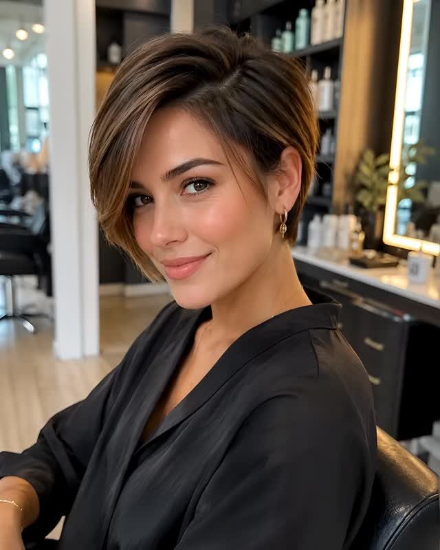 Woman with a short brown pixie cut and deep side-swept fringe in a salon
