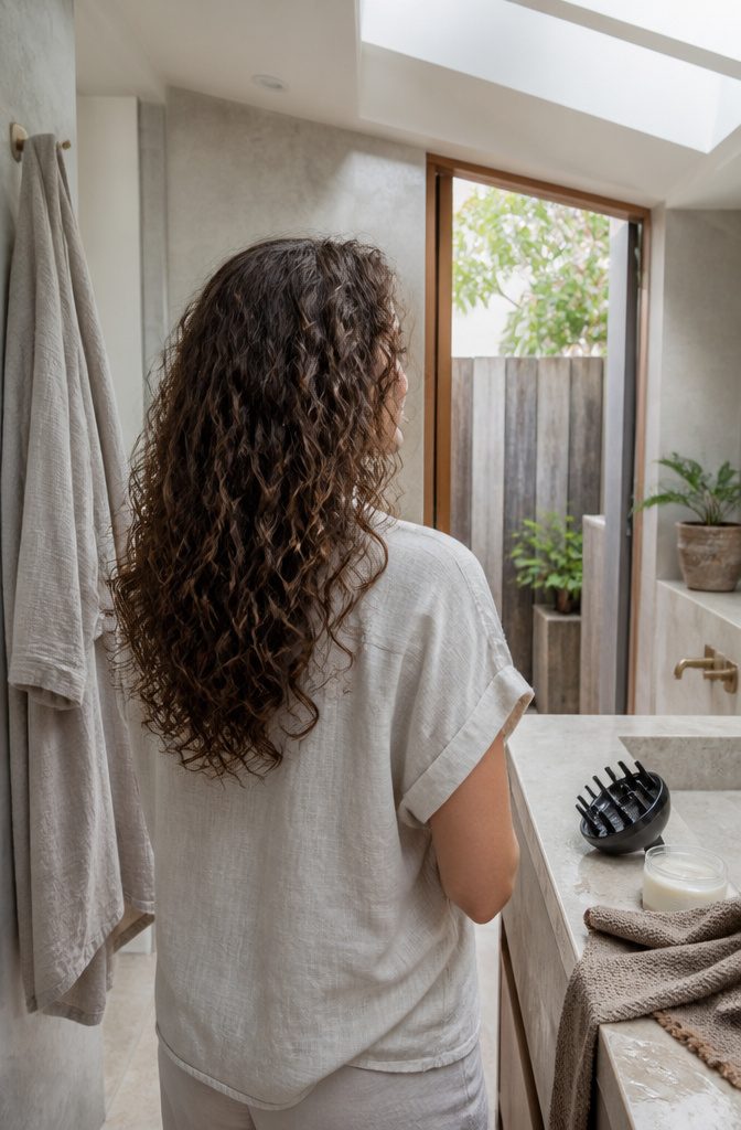 Curly surf curtains haircut with defined layered curls and center part