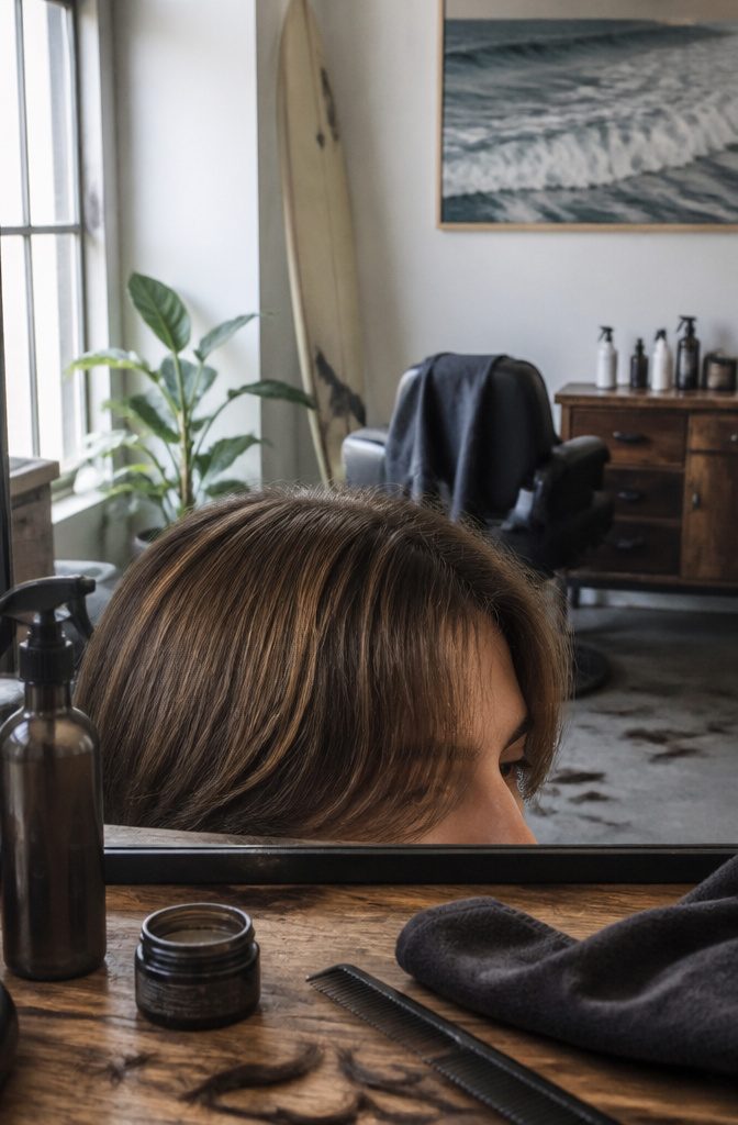 Straight surf curtains haircut with separated layers and controlled ends
